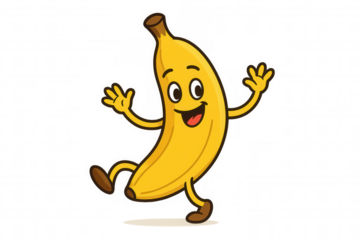 Banana cartoon character walking and waving, cute fruit mascot presenting and greeting, cheerful healthy food illustration