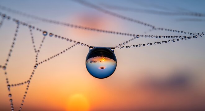 Dewdrop on spider web reflecting sunrise.