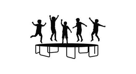 Joyful silhouettes of children happily jumping and playing on a trampoline outdoors