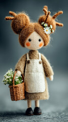 Adorable Handmade Felt Doll with Basket of White Flowers