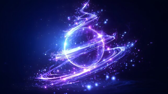 Glowing molecular particles with science labels on dark abstract background