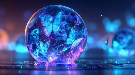 Template Glowing Blue Butterflies with Copy Space.Generative AI