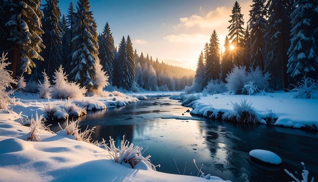 Serene winter scene depicting a snow-covered river and forest