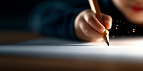 A child's hand holding a pencil, preparing to draw on a blank sheet of paper.