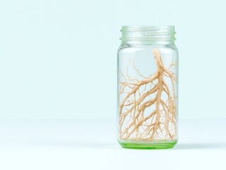 Intricate plant roots inside a glass jar against a light background, showcasing nature's beauty.