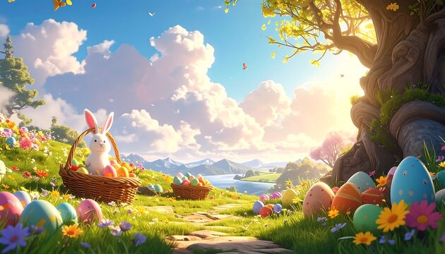 Easter scene with colorful eggs and bunny