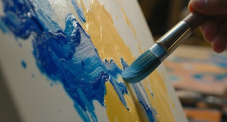 Creating art with a paintbrush and blue paint on canvas