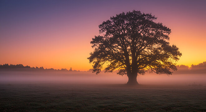 Majestic oak tree silhouetted against a vibrant sunrise sky with morning mist blanketing the field