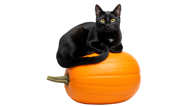 Halloween Black cat on pumpkin isolated png transparent background - Powered by Adobe