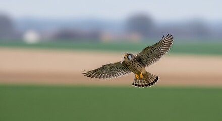 Fototapeta premium Majestic falcon soaring gracefully through the open sky, wings spread wide.