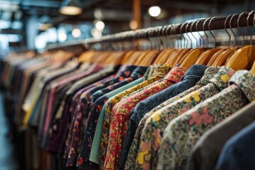 Obraz premium A rack of colorful patterned shirts hangs neatly in a store, offering a variety of styles and designs.