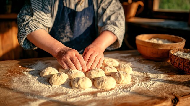 Hands preparing dough on a rustic wooden table, highlighting traditional baking techniques and natural ingredients.