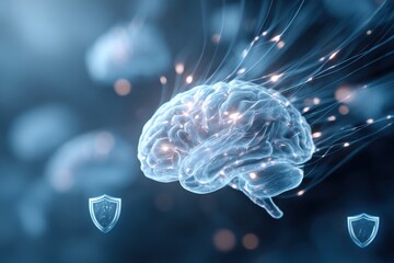 A brain is depicted with glowing connections and digital elements around it, symbolizing mental activity and cybersecurity in a contemporary setting.