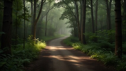 Fototapeta premium Serene forest path surrounded by tall trees
