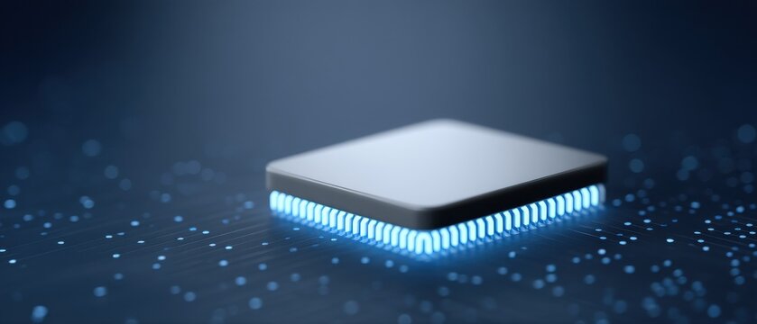 This scene showcases a sleek quantum computing interface featuring neon chips and advanced processors, emphasizing the future of computation and data science.