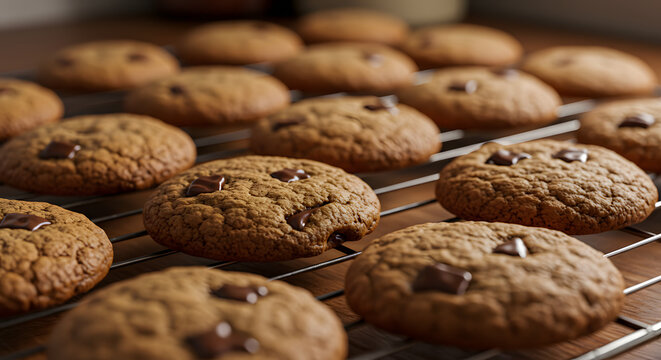 Freshly Baked Homemade Chocolate Chip Cookies Cooling on Wire Rack