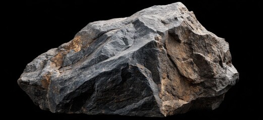 A rough, gray rock formation with jagged edges sits against a stark black , showing texture.