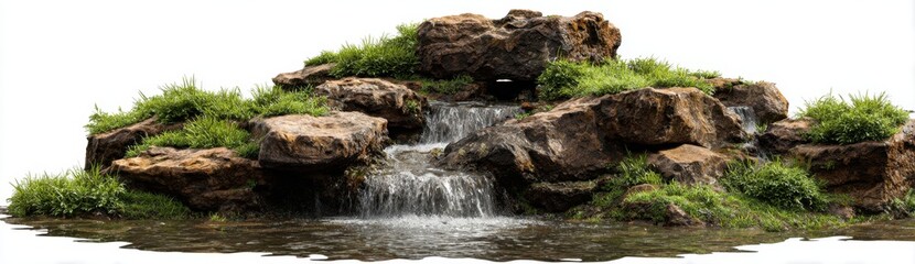 A rocky waterfall cascades into a serene pool, surrounded by lush green vegetation and natural beauty.