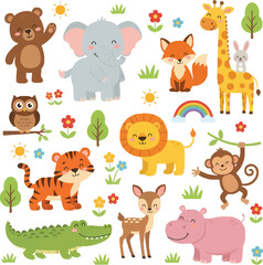 Fototapeta premium Cute vector cartoon animal icons set with dog, cat, and farm animals like cow, horse, and pig, including baby zoo characters such as lion, elephant, bear, tiger, and rabbit illustration collection