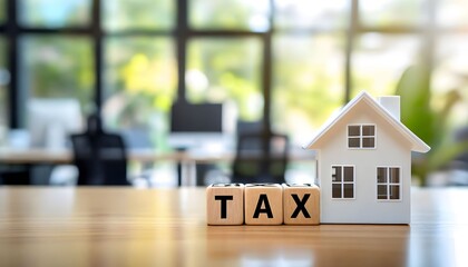 Tax concept: Wooden blocks spelling TAX next to a model house.