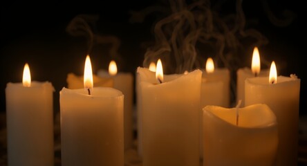 Glowing Candles with Soft Warm Light and Smoke Against a Dark Background