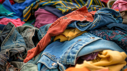 Pile of Mixed Clothing: A vibrant display of clothing, meticulously arranged in a colorful assortment. The scene is an ode to the world of textiles, emphasizing the texture, patterns.