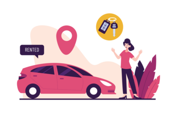 Car Rental Service Illustration in Pixel Art Style Featuring a Pink Car Location Pin and a Woman with Car Key on a Transparent Background