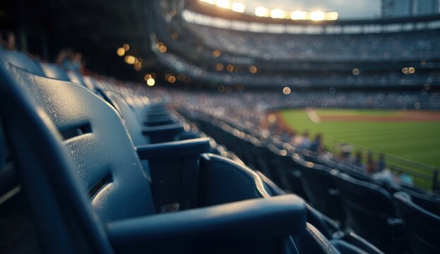 Empty stadium seats in a baseball park during a game with blurred background lights.