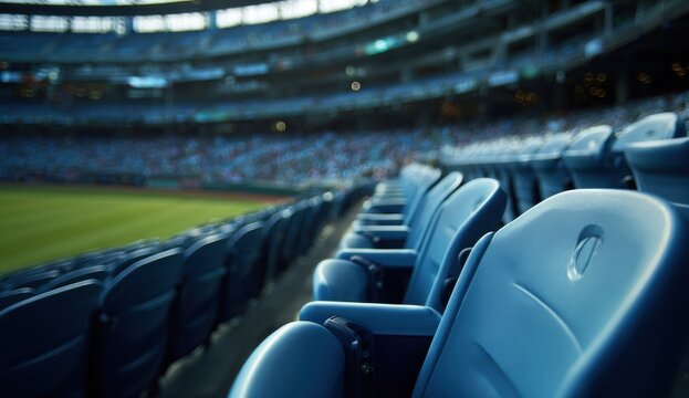 Empty stadium seats with a blurred background of a sports field and spectator area