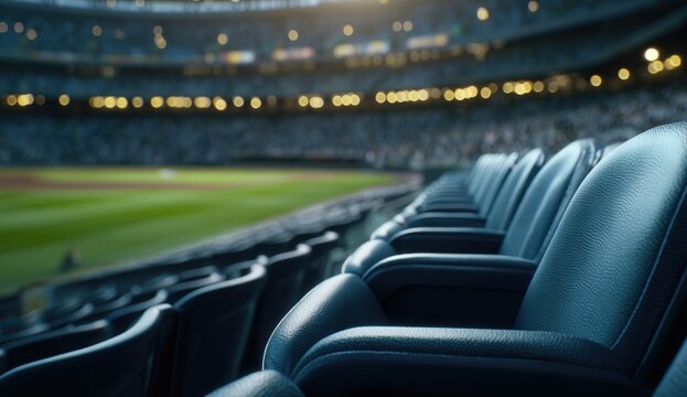 Empty stadium seats with a blurred view of the field and lights in the background at dusk.