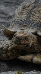 A close-up portrait of a large Sulcata Tortoise, showcasing the distinctive textures of its skin and shell