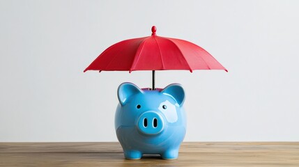 Blue piggy bank receiving protection from a red umbrella, symbolizing financial security, savings, and investment