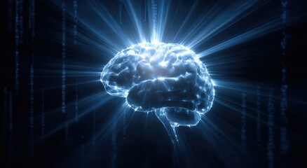 A glowing human brain emits bright light rays against a digital data matrix background. It symbolizes intelligence and mental power in a high-tech atmosphere.