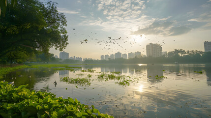 SunriseLakeWithCityAndBirds