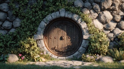 A round wooden door nestled in a stone wall.