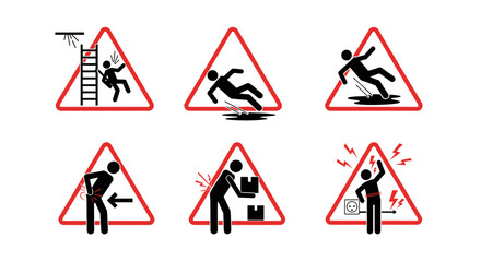 Safety first with these vibrant hazard pictograms warning of electrical shock, back strain, and slippery floors for workplace awareness campaigns
