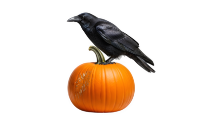 Raven perched on pumpkin isolated png transparent background