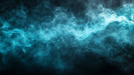 Teal blue blurry smoke wave drifting across a deep black background, creating a mysterious and atmospheric abstract scene that symbolizes calm energy, motion, and modern elegance with ample copy space