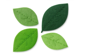 Four green felt leaves featuring hand-stitched veins, a handmade craft design element for nature and ecology themes. Transparent background