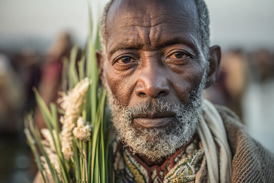 Close-up of an elderly Oromo man at Irreecha Festival holding a bundle of green grass and flowers, symbolizing blessing and thankfulness. 
