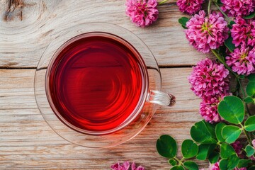 Fototapeta premium Red clover herbal tea steeping in a glass cup with fresh clover blossoms and leaves on a rustic wooden table