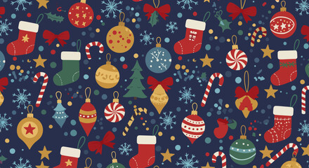 Vector set of colorful Christmas ornaments, balls, stars, bells, ribbons, snowflakes, isolated flat icons, modern festive style.