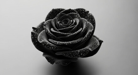 Elegant black rose with sparkling dew drops on petals, minimalist and moody floral beauty against a gray background