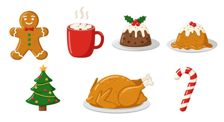 Vector Christmas food icons, including gingerbread cookies, hot cocoa with marshmallows, Christmas pudding, roasted turkey, candy cane, bright colorful flat design.
