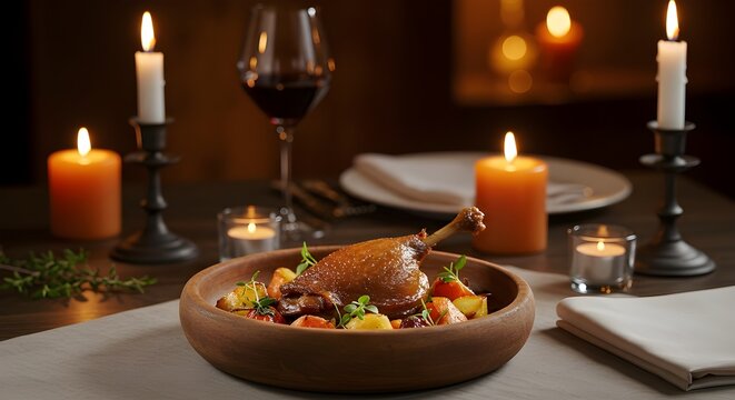 Duck confit dish elegantly served during a romantic candlelit dinner setting for two