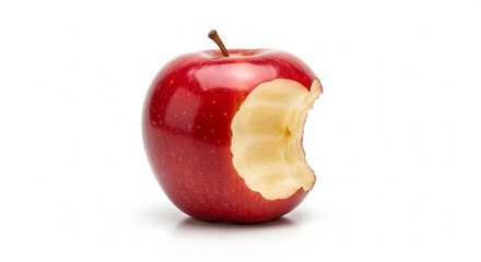 A single red apple with a bite taken out of it, isolated on white background