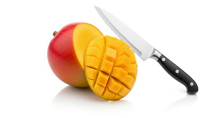 A ripe mango, half sliced, with a knife, isolated on white background