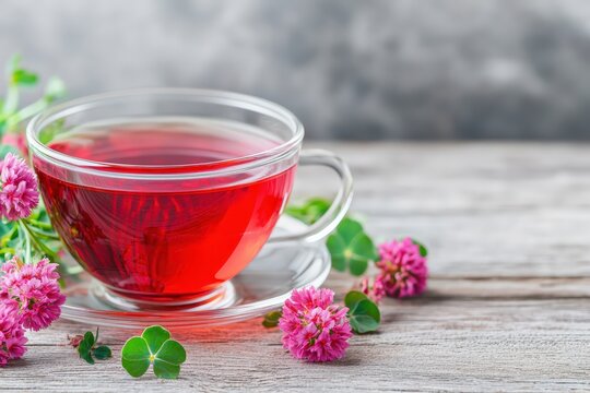 Glass cup of soothing red clover herbal tea with blossoms and leaves on rustic wooden table, natural, calming wellness infusion