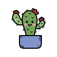 Cartoon Cactus in Pot Illustration With Transparent Background Pink Cheeks and Smiling Expression Cute Plant Icon Isolated