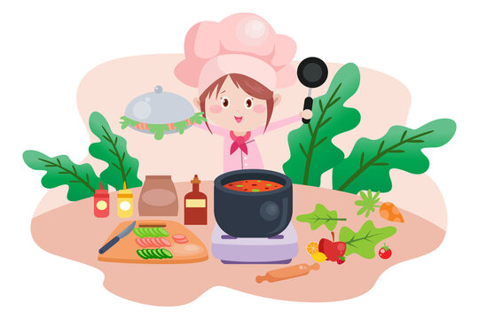 Cartoon Chef with Pink Hat Holds Dish in Kitchen With Pot and Vegetables Vector Illustration on Transparent Background - Powered by Adobe